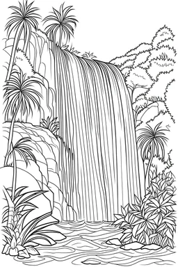 Outline art for coloring page of one small Hawaiian waterfall, coloring page, white background, Sketch style, eye level, only use outline, clean line art, white background, no shadows, no shading, no color, clear