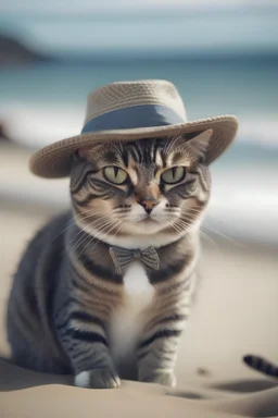a cat wearing a hat on the beach in a cinematic style
