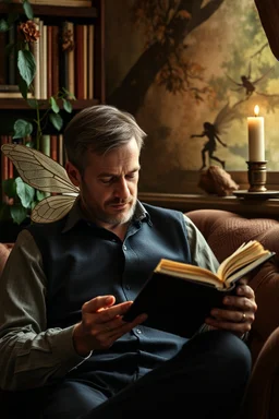 A man, intrigued by his wife's collection of fairy books, decides to delve into one of them for the first time. As he begins to read, he's taken aback by the rich, sensual undertones woven into the enchanting tales. The fairies in these stories are not just whimsical creatures, but beings of intense passion and desire. He finds himself entranced by the sophisticated, intricate narrative that explores deep emotional connections and the complexities of love in a magical world
