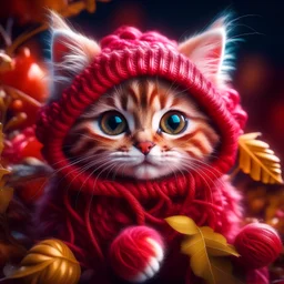 tiny fluffy red kitten, holding a large ball of woolen threads, big, very big eyes, knitted multicolored hoodie, sitting in raspberry bushes, realistic, professional photo, aesthetically pleasing, cute, cute, against a raspberry background, beautiful, high resolution, clear quality, colorful, pencil sketch, focused