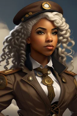 young mulatto girl, with wavy snow white hair dressed as a steampunk military officer