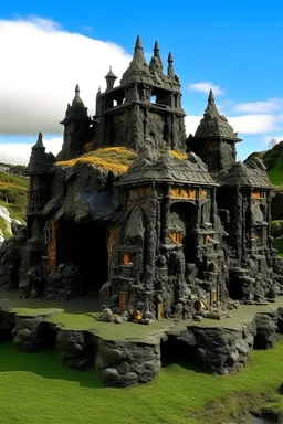 A black shelled fortress covered in tar designed in Maori sculptures painted by Arkady Rylov