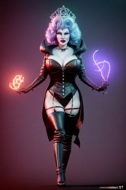 Mae West as evil queen in black leather, leather, busty, cleavage, angry, stern look. character design by cory loftis, fenghua zhong, ryohei hase, ismail inceoglu and ruan jia. unreal engine 5, artistic lighting, highly detailed, photorealistic, fantasy