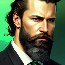 "MIddle aged white human male, with a trimmed but uneven beard, piercing green eyes with slick back hair,complete head and shoulders portrait, 8k resolution concept art portrait by Greg Rutkowski, Artgerm, WLOP, Alphonse Mucha dynamic lighting hyperdetailed intricately detailed Splash art trending on Artstation triadic colors Unreal Engine 5 volumetric lighting Splash art fantasy"