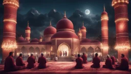 Hyper Realistic Photographic-View of few men praying outside a Huge-Beautifully-Crafted-Maroon-Mosque decorated with garland-lights & lamps between an island with ocean-water-waves & mountains around at feathers-whirling-&-Pigeons-Flying-at-night with dramatic-&-cinematic-ambiance