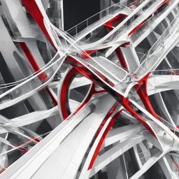 Architectural drawing of a futuristic pedestrian bridge, from above white, red and black colors