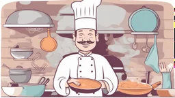 illustration. chef smiles bring whisk on his hand