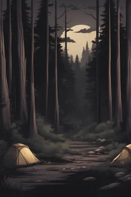camping in a dark forest, 2d game, background