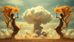 a nuclear explosion cloud(middle), the wind and smoke from the explosion forming shapes of dancing women(left and right sides), religiose art, fantacy