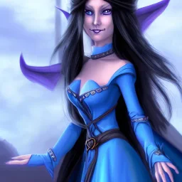 dungeons and dragons character, female half-elven sorcerer wearing a blue dress, long black hair, dark blue eyes, smiling, pretty face, close-up, realistic