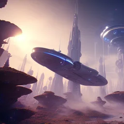 Spaceship landed on futuristic planet, sunny day. clear blue sky, cascade. Elegant. Extremely detailed. Award winning photography. Fantasy. 8k. Cinematic lighting. Photorealistic. Dynamic lighting. Imperial colors. Crisp quality. Unreal Engine. Colourful cinematic postprocessing. Pixar. VRay.