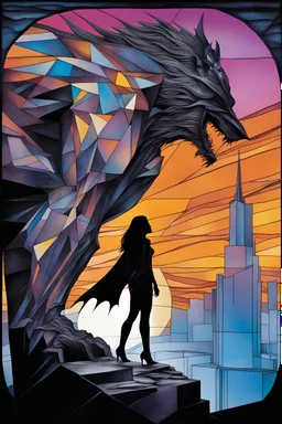 a multicolored, stained, spectral, glass fragment, prism, 3D sculpture, Batman, a woman with black hair standing on the precipice of looking down into the void below with an absolute look of horror on her face while a giant, snarling werewolf rears up behind her, and Motley Crue plays a concert in California at the same location that an indian with black hair smoked a piece pipe with Quazimoto before he got whipped by the constable of Naples