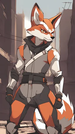 A human being in the form of a fox, not a human being, a short nose, Features of a male fox, serious features, character specifications are enthusiastic, emotional and somewhat selfish, high quality, the character is a fighter, war, the background is a developed but destroyed city, Cinematic shot, scary shape, multiple colors, high contrast, professional anime drawing , Professional anime style ، 4K .