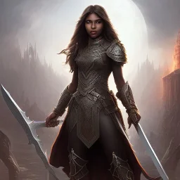 fantasy setting, insanely detailed, dark-skinned woman, indian, black wavy hair, warrior