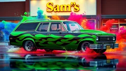 suped up 1979 chevy stationwagon green with black flames outlined with a thin red pinstripe, in front of Sam's club, SuperSport car, impressive, VIP, award winning, detailed a colorful splash of steampunk bubbles , amazing splashscreen artwork, photoshop water art, liquid painting, swirling paint colors, ink splash, physics splashes of colors, colorful swirls of paint, paint splashes, swirling paint, painting of splashing water, splashes of liquid, cgsociety saturated colors, trend on behance 3d