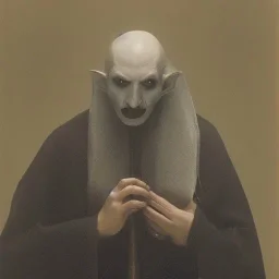 Nosferatu with four yellow eyes with fleshy tentacle hair beard grey skin and vampire fangs as a Russian Orthodox