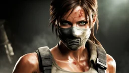 lara croft from tomb raider with a half face mask