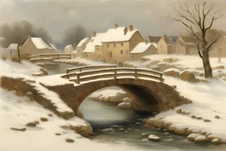 Bridge over a stream in winter, with village in the background