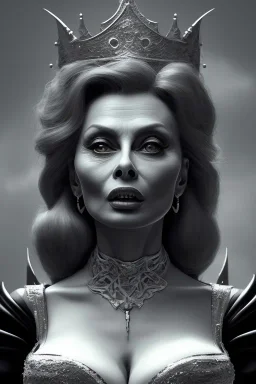 Sophia Loren as evil queen in black leather, cleavage, dominatrix, angry, stern look. character design by cory loftis, fenghua zhong, ryohei hase, ismail inceoglu and ruan jia. unreal engine 5, artistic lighting, highly detailed, photorealistic, fantasy