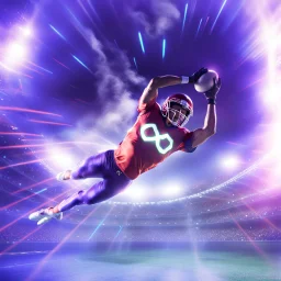 rounded infinity symbol ∞, American football player diving with an American football in both hands to score, striking, neon, vibrant, chiaroscuro, dramatic, captivating, high-tech, powerful, fantasy, beautiful, octane render, 16k post-production, artstation: award-winning: atmospheric: commanding: fantastical: clarity: ultra quality: striking: brilliance: stunning colors: amazing depth; lens: f/11, 35mm