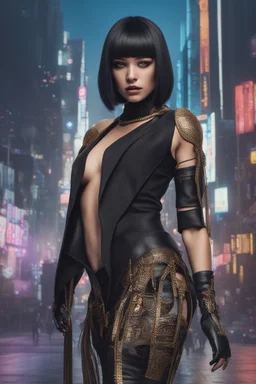 full-body-art of a woman with a bob with a fringe hairstyle, Cleopatra clothing, black knee-high boots, cyberpunk city background