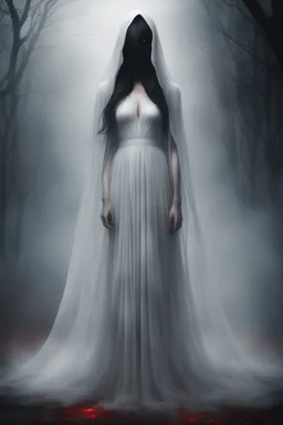 In a place filled with fog, there is an entity wearing long white clothes and wearing a white veil that hides its face, standing behind the ghost of a female with black hair that reaches her jaw, black eyes, and red lips, and wearing a black dress, and she is crying.