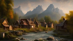 Looking across a fast-flowing dangerous river to a village of new wooden houses, school, church and farm buildings, and mountains in the far distance, highly detailed, realistic, sunshine, RTX