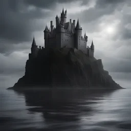 dark castle floating over silver sea, pennington