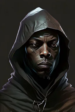 black young bald wizard man with hood on