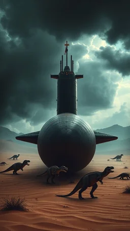 A nuclear submarine left in the desert with sands T rex dinosaurs are on it and around it and stormy clouds ,