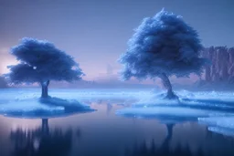 Ice blocks, one tree, night, lagoon reflection, sci-fi, epic,