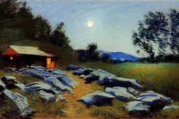 Night, moon, cabin, pathway, rocks, grass, trees, distant trees, distant mountains, lesser ury and philip wilson steer impressionism pianting