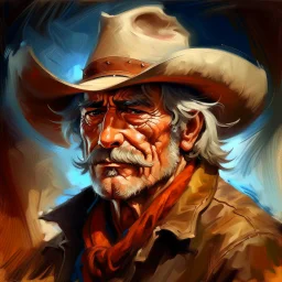 fantasy, oil color , humongous strokes, stylistic, portrait, illustration, furry, cowboy .personable face