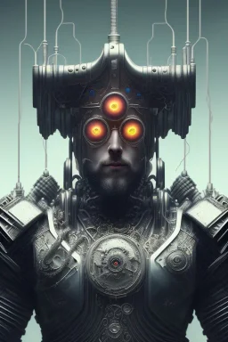 Symétrie!! portrait très coloré du seigneur de la guerre en armure d'os humain et câbles électroniques, avec une couronne en argent massif, de la fumée autour de lui, moderne, cyberpunk post apocalyptique, fin du monde, prophéties, marvel comics, arrière plan ténèbres, très réaliste, très détaillé, très intriqué, 8k, hdr, effet octane, tendance artstation, 2048, Terminator 2, science fiction, par steven spielberg, poster de science fiction, bumpee style