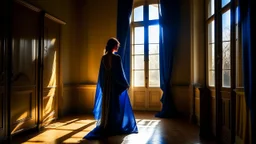 A lone woman stands in a sunlit Parisian studio, her silhouette framed by huge windows covered with sheer ivory curtains that flutter gently in the breeze. The room is bathed in a late-afternoon golden glow, casting long shadows across the wooden floor splattered with drop cloths of paint. She wears a loose cobalt-blue robe, her dark hair tied back loosely, a single strand escaping and brushing her cheek. In her hand, she holds a paintbrush poised over a canvas, where vibrant brushstrokes of cri