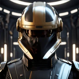 star wars bald male corellian pilot wearing pearlescent black and gunmetal grey First Order special forces heavy assault armor and helmet with gold trim inside the jedi temple, centered portrait, hyperdetailed, dynamic lighting, hyperdetailed background, 8k resolution, volumetric lighting, light skin, fully symmetric details