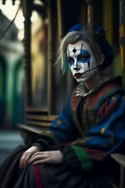 hyper real oil painting portrait of harlequin sitting in cable trolley in goth ruins background, zeiss prime lens, bokeh like f/0.8, tilt-shift lens 8k, high detail, smooth render, down-light, unreal engine, prize winning