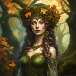 full-length portrait of a fantasy nymph dryad merges with an ancient oak, wrapped in the autumnal veil of a mystical forest, fine details of her wood-textured skin, autumn leaves intertwining with the twisted branches, moss and ivy framing her serene face, dappled sunlight casting ethereal glows on the scene, digital painting, ultra-fine and vivid colors, golden ratio.