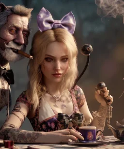 Ultra realistic afternoon photo, happy couple, blonde Alice woman and purple cat smoking a pipe, circus blue dress style, black headband with bow, old school body tattoo, smoke, marihuana garden, glow eyes, perfect iris, soft color, highly detailed, unreal engine 5, ray tracing, RTX, lumen lighting, ultra detail, volumetric lighting, high definition.