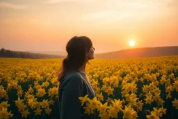 A vast, tranquil landscape bathed in the golden glow of a spring sunset, with a sea of daffodils stretching across rolling hills under a soft, pastel-colored sky. The flowers sway gently in a soft breeze, creating a vibrant, dream-like ocean of yellow against the serene background. close up on a natural beauty face A solitary figure, perhaps a poet or dreamer, stands in awe at the beauty, their presence almost blending with the natural scenery. The atmosphere is ethereal, with surreal lighting