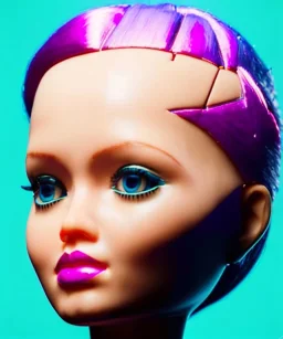 Realistic photo decapitated fat barbie doll head, cyberpunk. Foto de estudio. Pared de fondo. Gran angular. Simetría. Ultra hd.