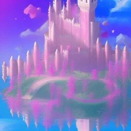 a pink castle, magical crystal pink castel, vertical light, pink and blue wisteria , pink vertical, blue lake,sharp, background vertical blue gradient vertical, elegant, highly detailed, artstation, concept art, smooth, sharp focus, illustration, 8k, splash art, wallpaper, key visual