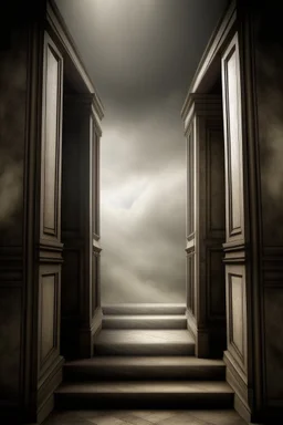 two doorways. behind first door glass glossy staircase made of clouds leads up to the heaven. behind second door staircase made of stone leads down to the hell