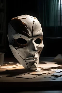 a simple broken mask with expression ( consist of sad, happy, afraid, anger )that have a big crack on them, placed in the table and the room doesn't have lights in a dark room, facing towards front