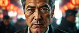 chinese george clooney, close up portrait looking intense