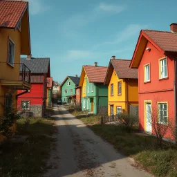 Fotografia di strada random assurda e falsa orripilante Moldavia Transnistria Adighezia weirdcore dai colori vivaci. Non luogo falso, inusuale. Max Ernst. Le case sono false e dipinte di chiaro con cose stilizzate e dettagli. Ci sono strane. , che danno un senso distopico e molto surreale, disposte in modo casuale. L'atmosfera generale sembra noiosa e onirica, con un contrasto tra elementi reali ed elementi dipinti falsi, René Magritte