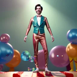 Ultra realistic circus scene. dancer man, waist up view, Wes Anderson style, happy, bubbles, confeti, lsd ambient, highly detailed, concept art, unreal engine 5, god rays, ray tracing, RTX, lumen lighting, ultra detail, volumetric lighting, 3d, finely drawn, high definition, high resolution.