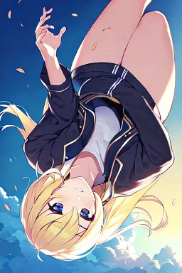 blonde girl falls with jacket fall from the sky, sky falling