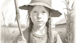 A pencil portrait of a rural girl wiht a hoe