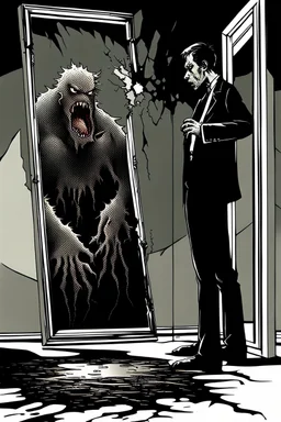 a man looking into a shattered mirror and seeing a horrifyingly smeared and deranged monster in his reflection